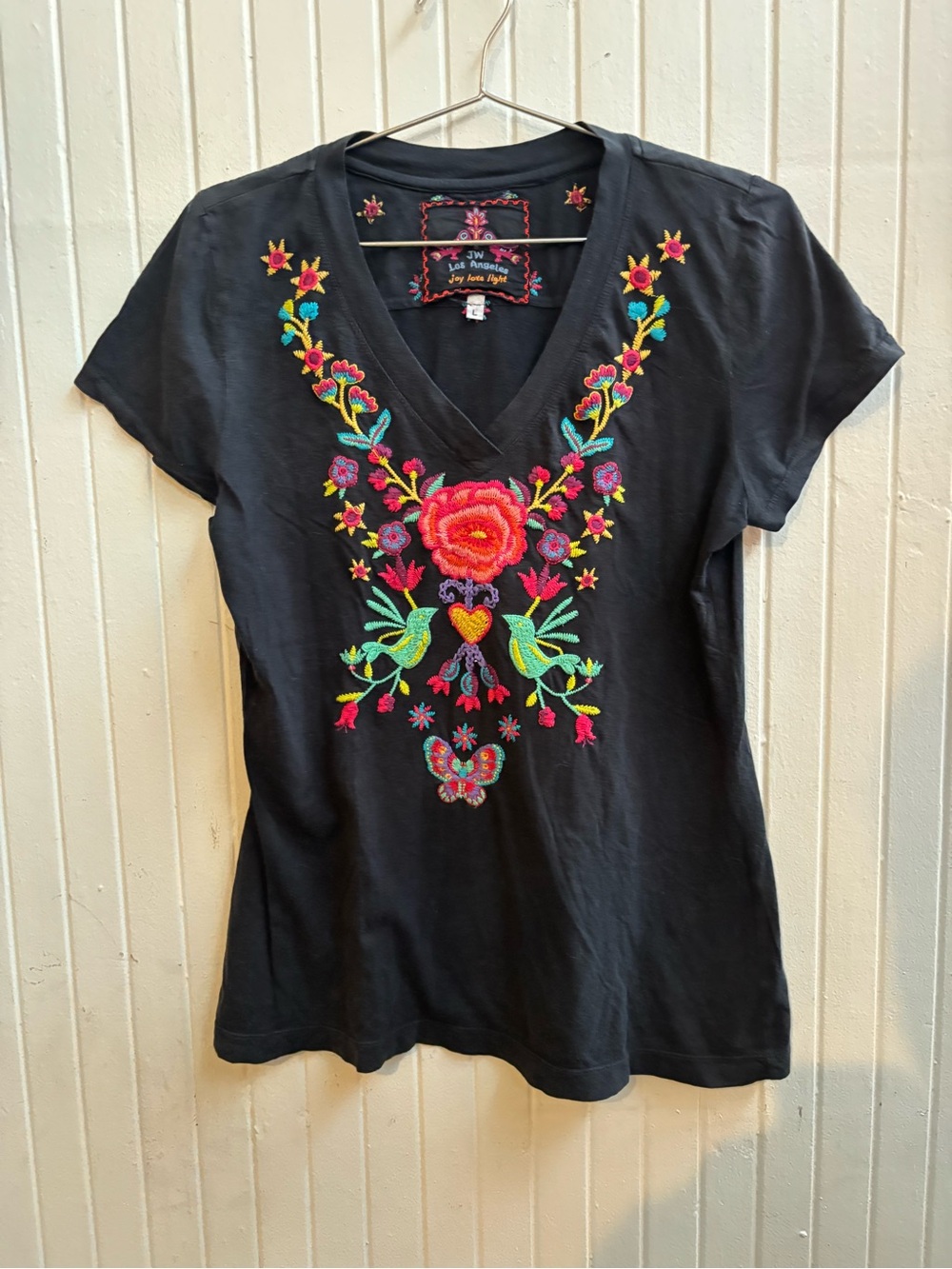 Johnny was Black V-Neck Embroidered Floral Tee